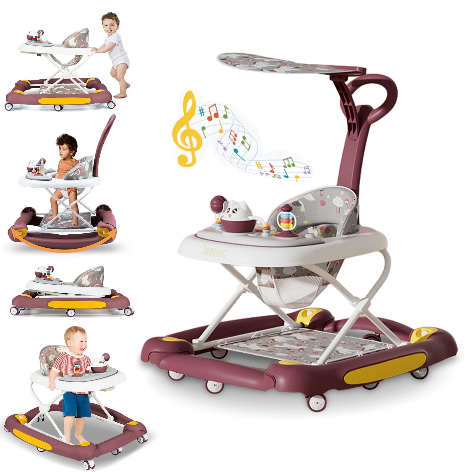 YYW 6-in-1 Baby Walker,Foldable Push Walker with Musical Activity Station for 6-24 Months,Red