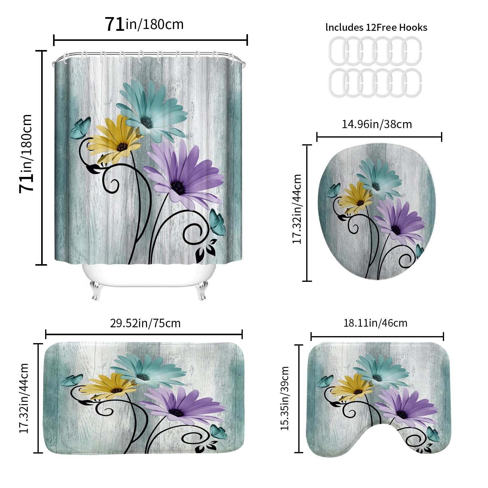 Hadint 4Pcs Blue Green Daisy Floral and Butterfly Shower Curtain Set, Bathroom Shower Curtain and Rug Set, 12 Pcs Hooks, 71inx71in