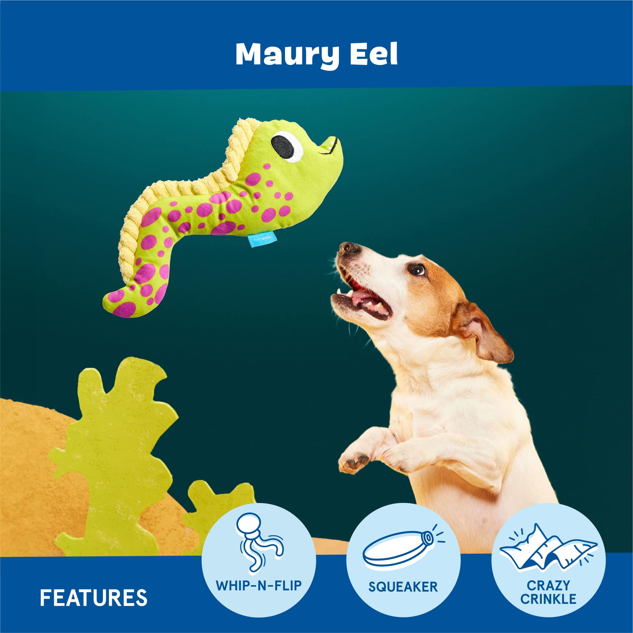 BARK Maury Eel Ocean Eel Squeaky Plush Dog Toy, Green