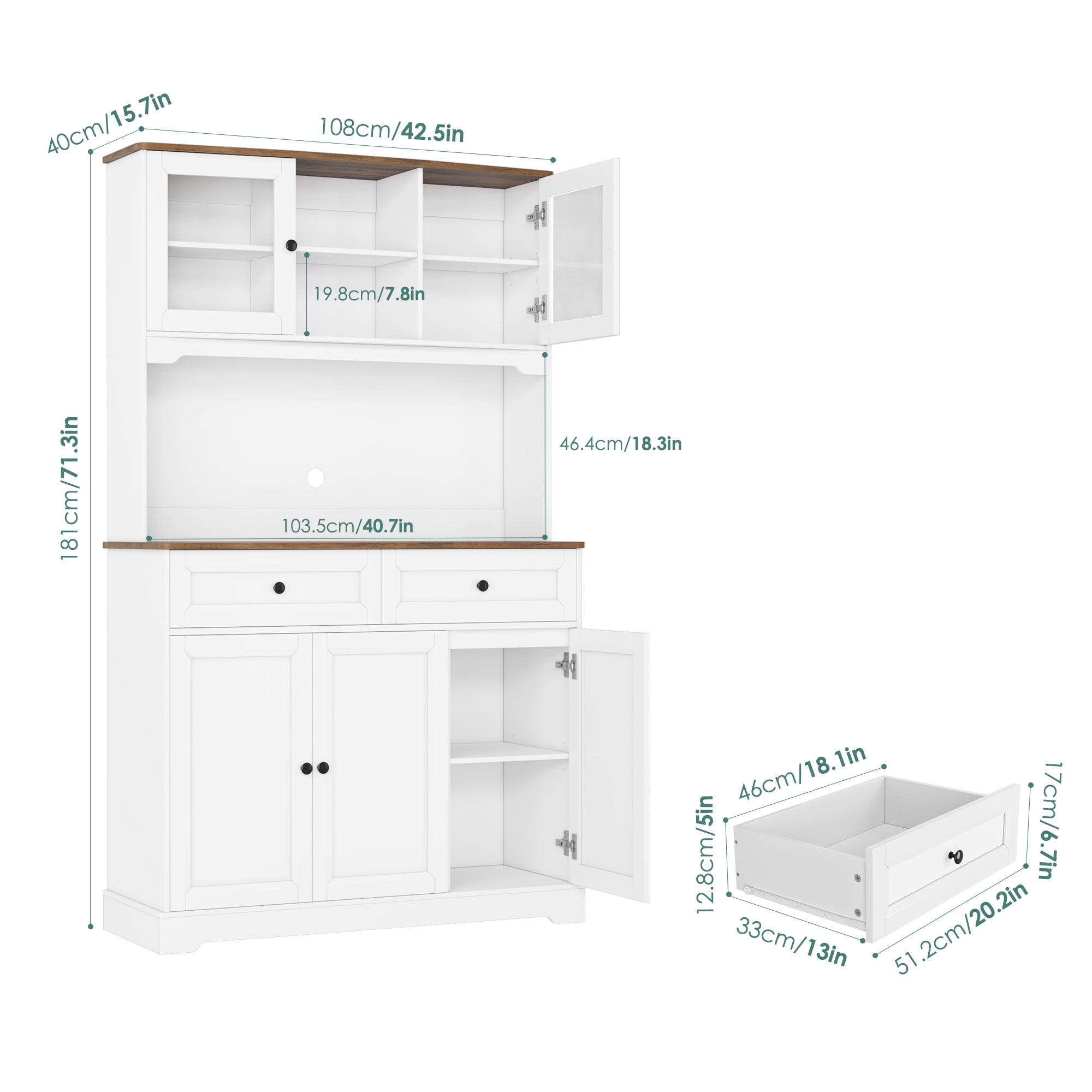 Homfa 71'' Kitchen Pantry Buffet Hutch, Freestanding Storage Cabinet with Countertop & Adjustable Shelves, Food Cupboard with Doors and Drawers, White