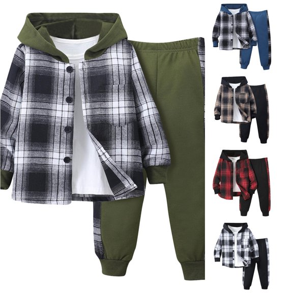 WERYOUNG Toddler Boys Girls Outfits Long Sleeve Patchwork Plaid Prints Button Down Hooded Tops Jogger Pants Kids Fall Winter 2 Piece Sets Soft Clothing Sets 2-3 Years