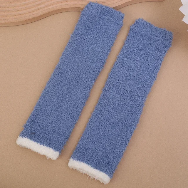 Winter Solid Color Knee Protection Soft Leg Warmer Thickened Plush Coral Fleece High Elasticity Socks Cold-proof Sleep Stockings blue One Size