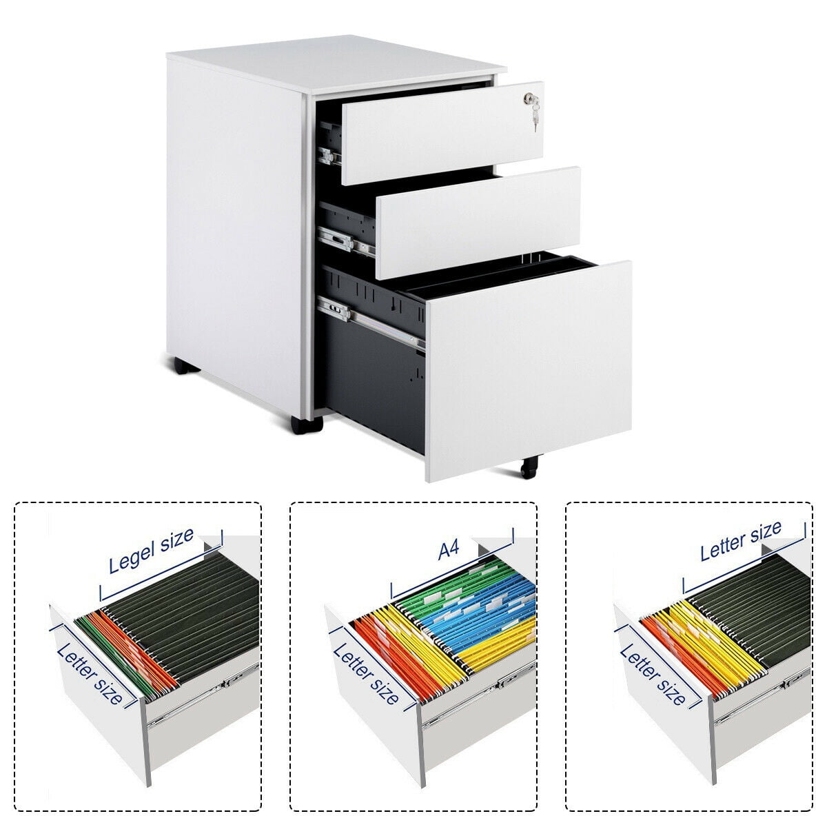 sogesfurniture 3-Drawer Mobile Pedestal File Cabinet with Lock,Rolling File Cabinet,Under Desk Office Drawers for Legal Letter File,Black BHCA-HCCBN003-B 