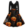 thumbnail image 2 of Womens Halloween Dress Pumpkin Costume Dresses Vintage Bat Print Dress A Line Dress Halloween Themed Plus Size Clothes Orange 3XL, 2 of 6