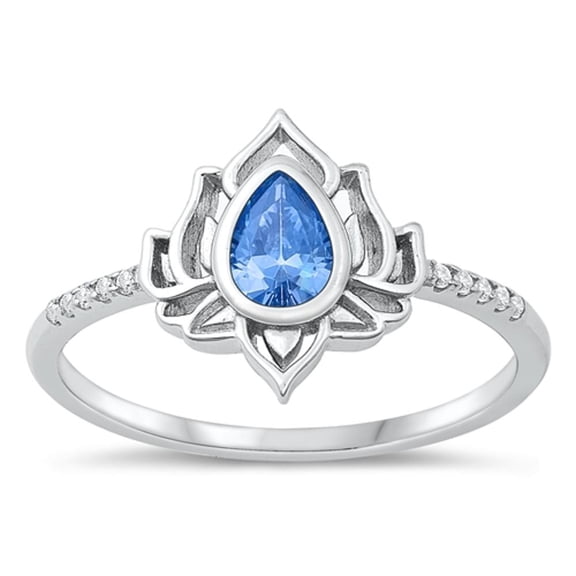 Blue Simulated Topaz Lotus Flower Ring .925 Sterling Silver Band CZ Jewelry Female Size 10