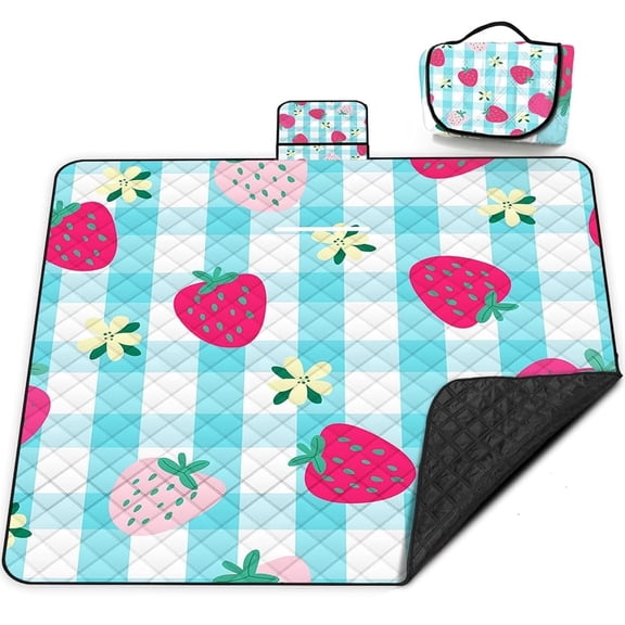 Poedist Extra Picnic Blanket Waterproof,80"x 80"Foldable Machine Washable Beach Blanket,Outdoor Blanket for 6-8 Adults,Suitable for Indoor Crawling,Park Beach,Camping,Hiking,Sky Blue Strawberry