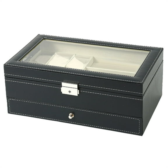 Basiess Watch Box, 12-Slot Watch Box with Glass Lid & 2 Drawers - Pu Leather Jewelry Organizer for Men, Velvet Lined Storage Case, Display Cabinet for Collectors Black