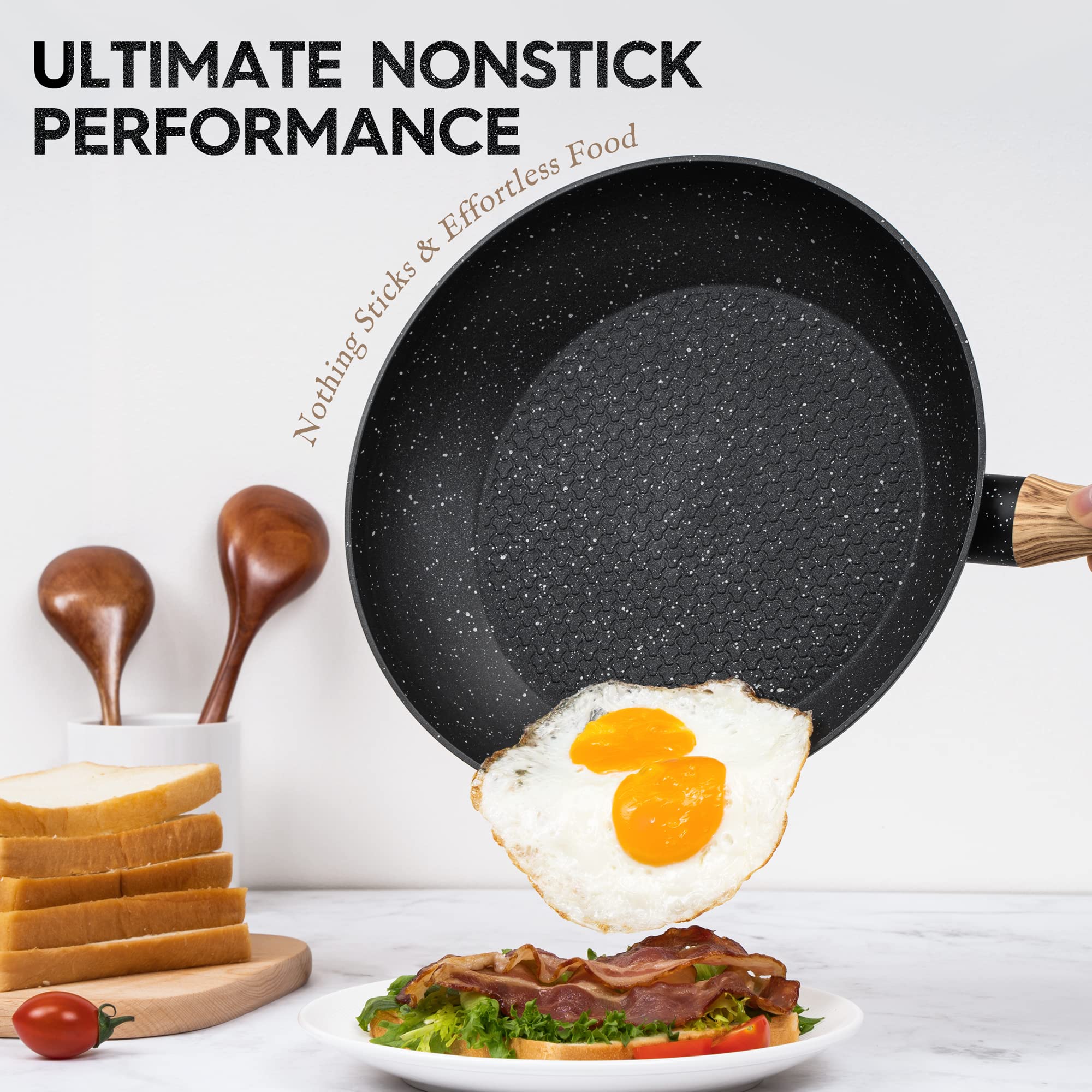 MICHELANGELO 8 Inch Stay-Cool Handle Induction Compatible Frying Pan with Healthy Nonstick Coating Lid