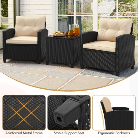 Costway 3 PCS Patio Furniture Set with Tempered Glass Coffee Table Washable Cushions - Beige,Black