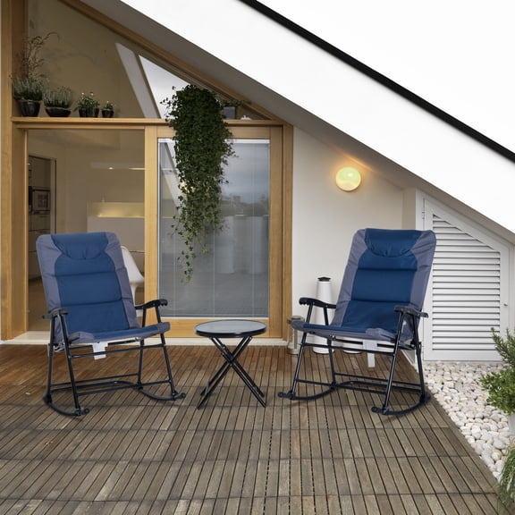 3 Piece Outdoor Patio Furniture Set with Glass Coffee Table and 2 Folding Padded Rocking Chairs Bistro Style for Porch Camping Balcony Backyard Patio
