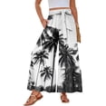 thumbnail image 2 of Womens Hawaiian Print Palazzo Pants Elastic High Waisted Ties Ruffle Hem Wide Leg Beach Pants with Pockets White M, 2 of 5