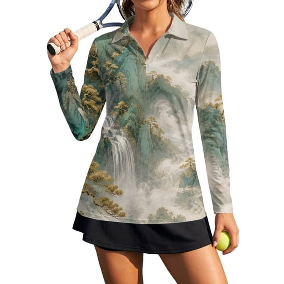 Xoenoiee Pine Tree Mountain Waterfall Print Women's V-Neck Golf Shirts Lightweight Collared Top Long Sleeve Polo Shirts Soft and Breathable for Tennis Pickleball Casual Office Running, Size XS