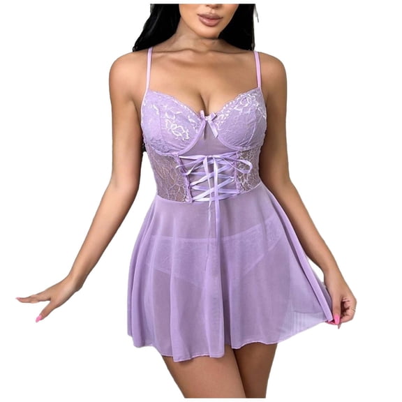 Women Sexy Lace Chemise Lingerie Set Mesh Sheer Panties 2 Piece Sleepwear Outfits V Neck Babydoll Night Dress