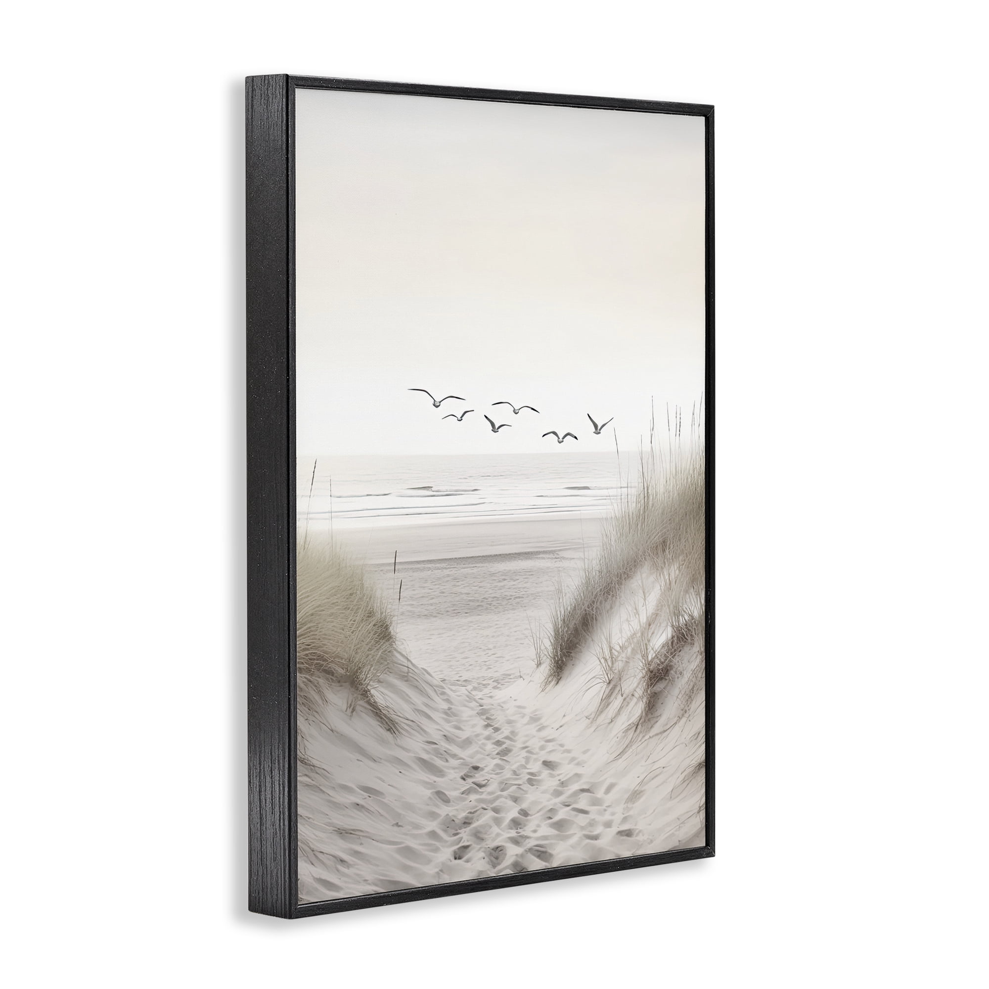 Seagulls over Sandy Footprints Black Framed Giclee Art, design by Decent Exposures
