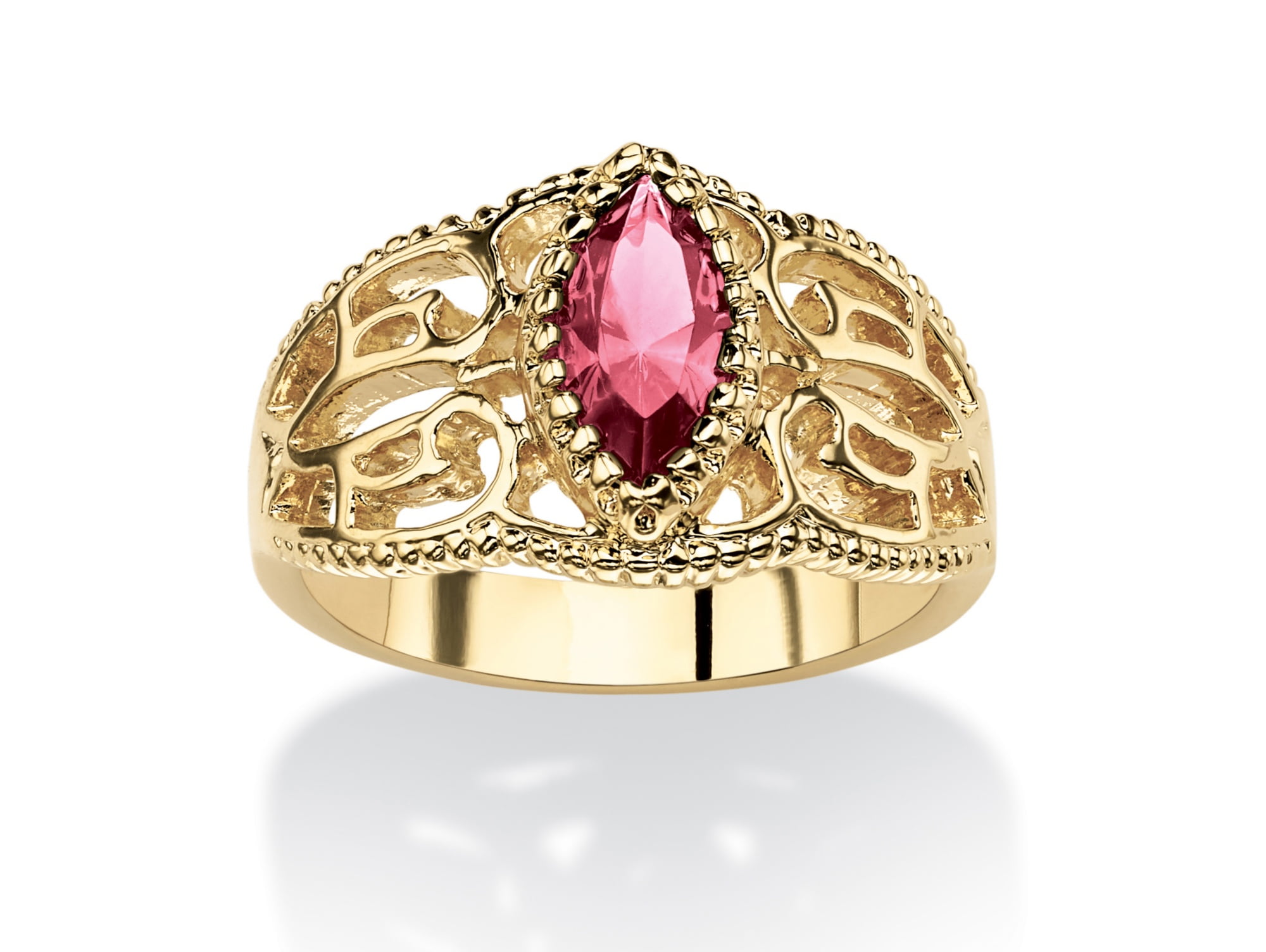 18K Yellow Gold Plated Marquise Cut Simulated Birthstone and Round Cubic Zirconia Ring Simulated Ruby July 