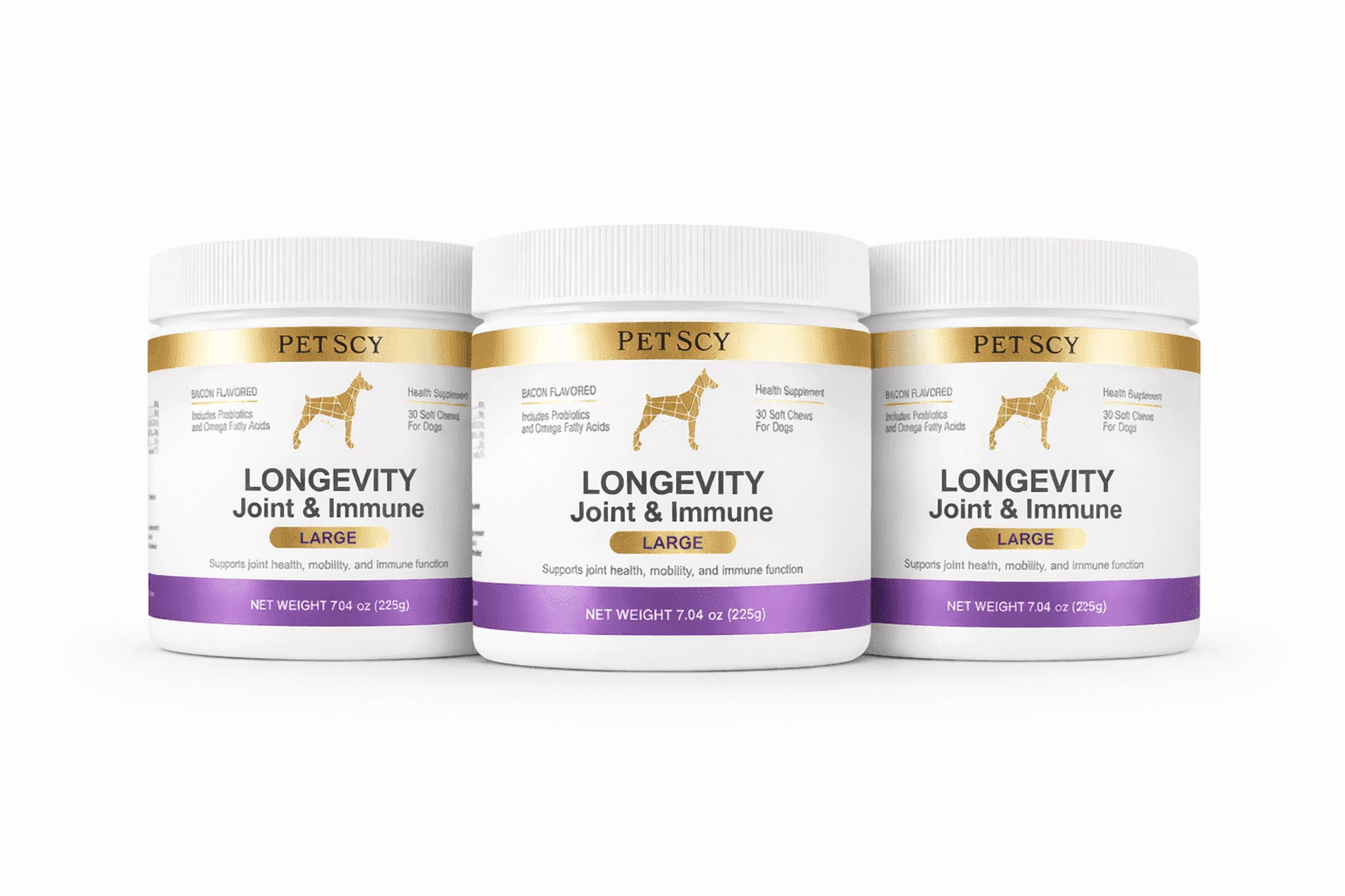 Petscy Longevity Hip and Joint, Immune Support for Dogs – Large (7.5g Chew) – High Dose Glucosamine, MSM, Chondroitin, Green Lipped Mussel, Omega 3, Probiotics – 30 Chews (Large Dogs) – 3 Pack