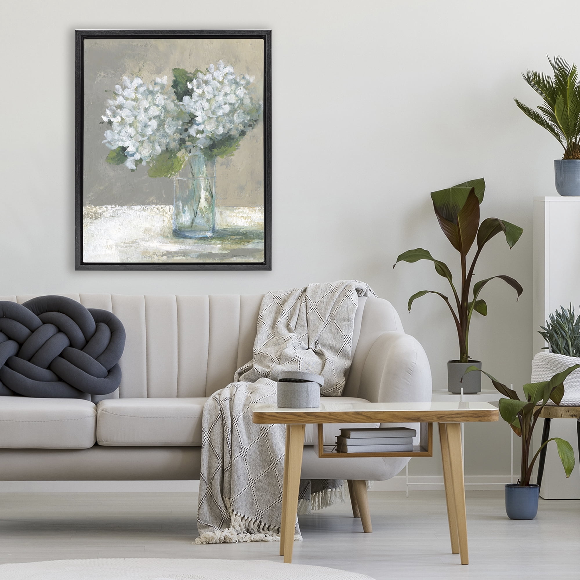 Stupell Industries White Hydrangeas Glass Vase Black Framed Floater Canvas Wall Art, design by Carol Robinson