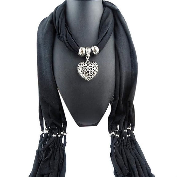 AWZXDE Women's Solid Color Hollow-Out Double-Sided Heart Pendant Scarf - Elegant Lightweight Fashion Accessory for All Seasons, Versatile Wrap with Charm Detail Black,One Size