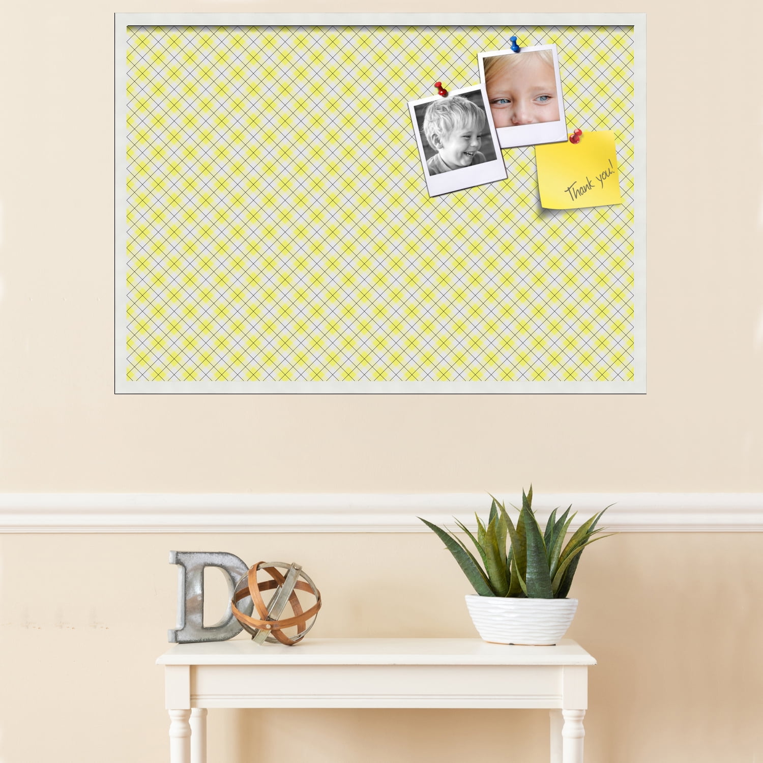 PinPix ArtToFrames 38x26 Custom Cork Bulletin Board Argyle Bright Yellow   Poster Board Has a Fabric Style Canvas Finish, Framed in Satin White Frame (PinPix-647)
