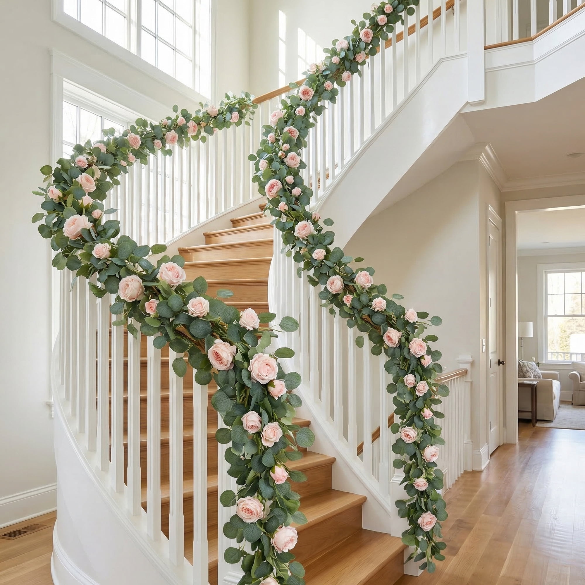 Unique Bargains 4Pcs Artificial Eucalyptus Garland Faux Flower Vine Champagne Pink 71in