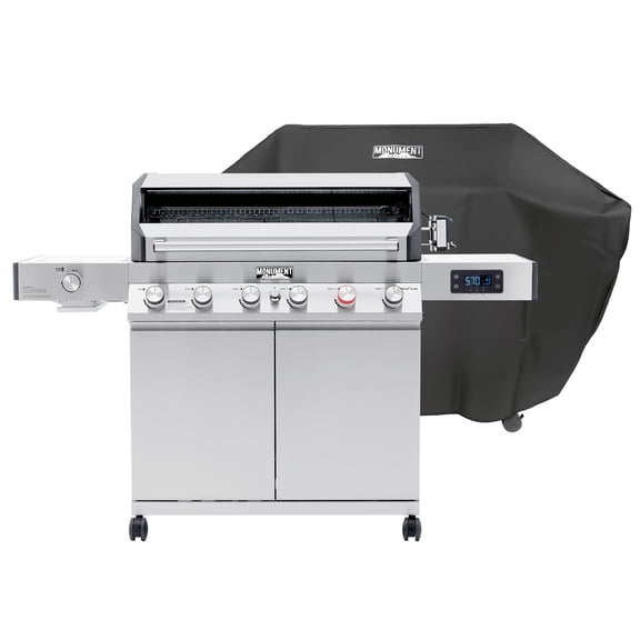 Monument Grills 6 1 Burner Smart Tech Propane Gas Grill for Outdoor Cooking , Denali 605Pro Stainless Steel Grill 78,000 BTU with Side Sear Burner, Smoker Box, Cover and Rotisserie Kit