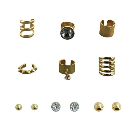 3 Pair Studs and 6 Piece Gold Tone Cuff Earrings