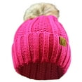 thumbnail image 2 of C.C Thick Cable Knit Faux Fuzzy Fur Pom Fleece Lined Skull Cap Cuff Beanie, Neon Pink, 2 of 4