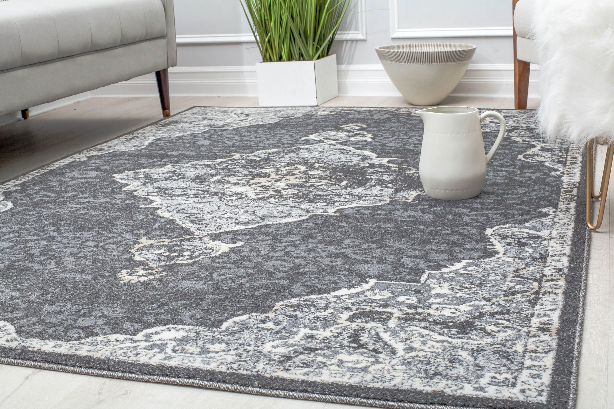Harper HY50D Black Velvet Petunia Transitional Vintage Gray Area Rug, 8'x10'