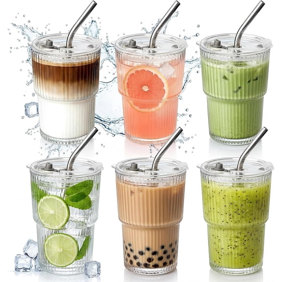 6 Pack 13 Oz Ribbed Glass Tumblers with Lids and Stainless Steel Straws - Reusable Drinking Cups for Coffee Smoothies and Juice