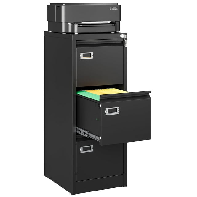 STANI 3 Drawer File Cabinets with Lock, Metal Filing Cabinet for Home Office, Steel Lockable Storage Cabinets to Hanging Letter/Legal/A4,Assembly Required(Black)