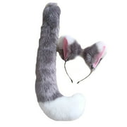 Song Party cosplay costume cat Fox Ears Faux Fur Hair Hoop Headband + Tail Set, grey White, Women: One Size