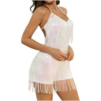 REALiKUN Sequin Fringe Romper Sparkly Glitter Metallic Jumpsuits For Women,Backless Shorts Dress Disco Dance Outfit