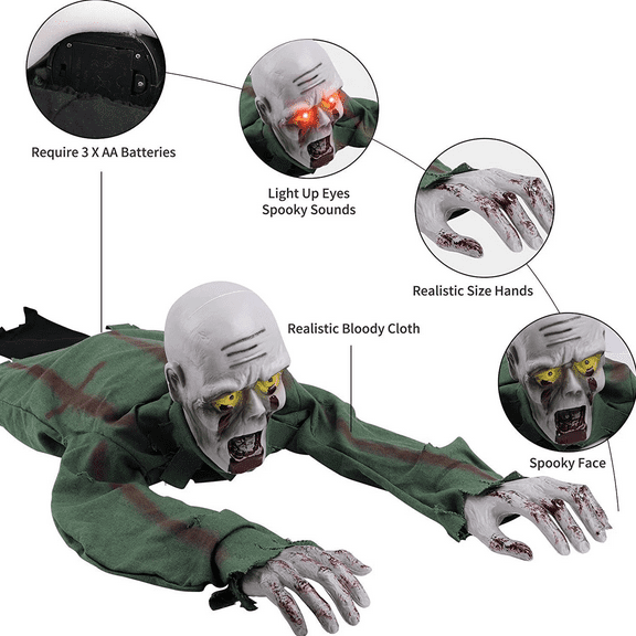 Halloween Animated Decorations, Outdoor Crawling Zombie with Horror Sound & Glowing Eyes, Zombie Ground breaker Ghost for Graveyard, Lawn, Haunted House Prop Decor