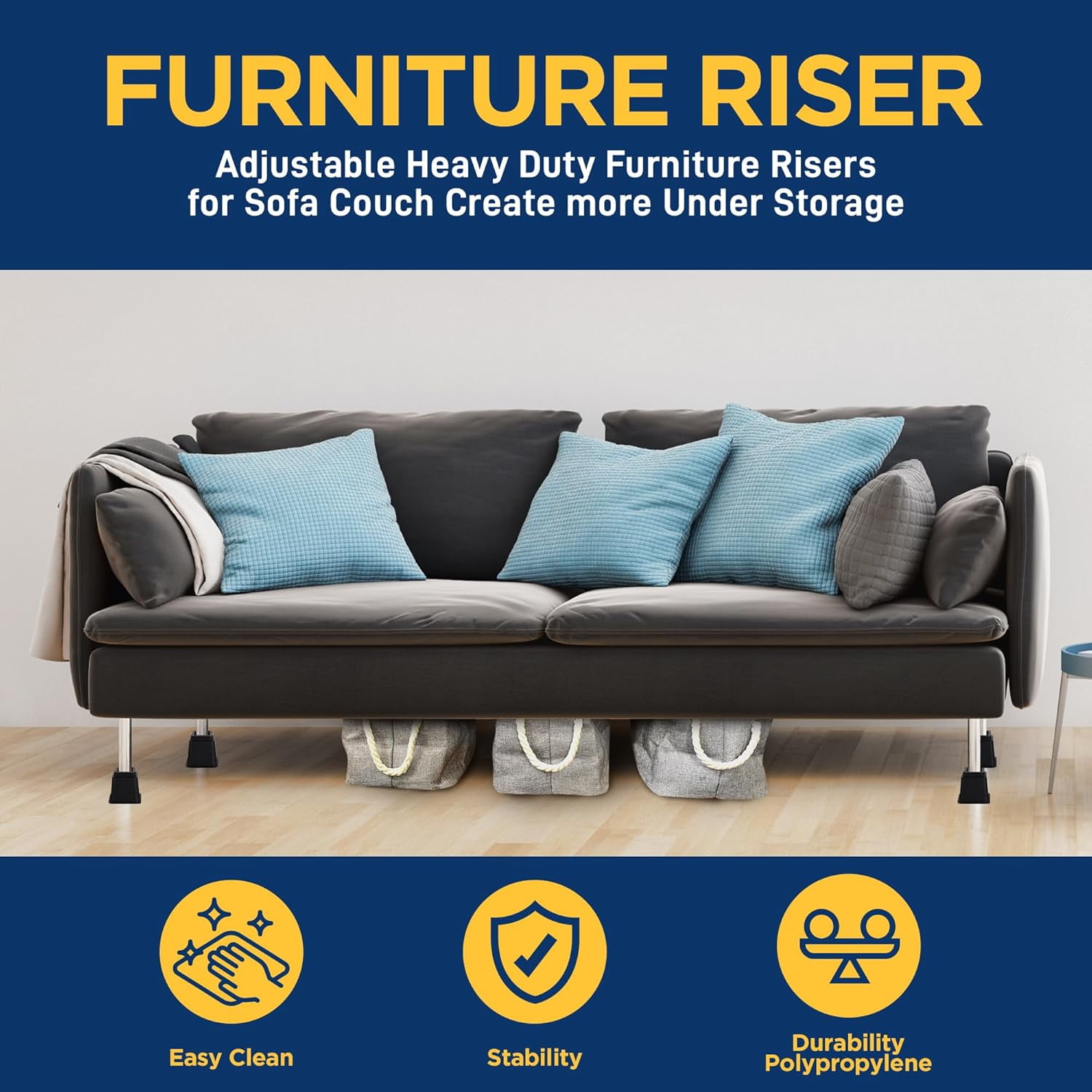 LifeMaster 8pcs Adjustable Bed Risers - 3" + 5" Heights, Heavy Duty Furniture Risers for Sofa, Couch, Under Bed Storage (Black), Total 1300lbs Support