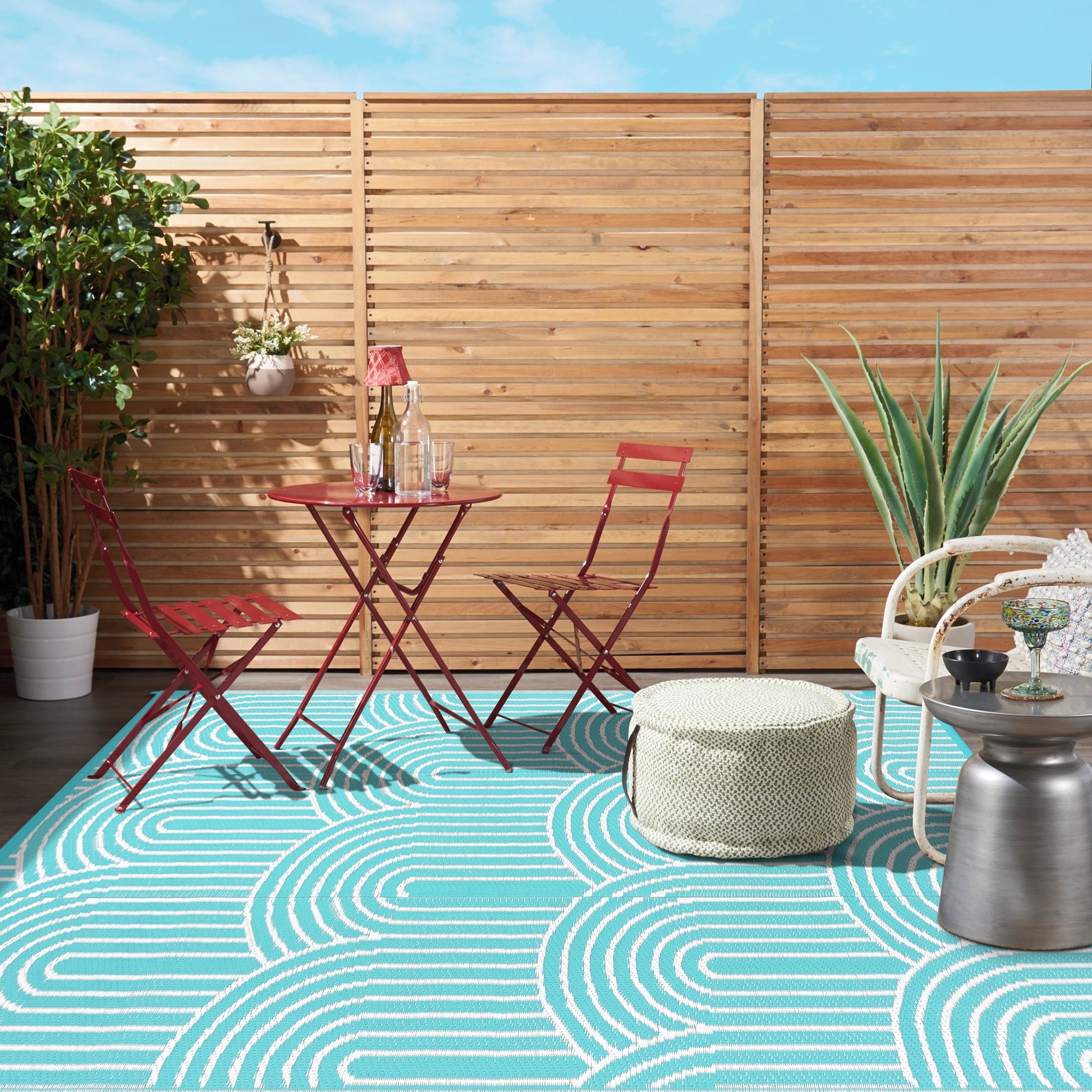 Lahome Decor 5’X8’ Rainbow Outdoor Rug for Patio,Beach Mats Waterproof, Camping Rug for Outside RV, Portable Plastic Straw Outdoor Area Rug for Backyard, Garden, Pool Deck,Blue