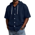 thumbnail image 3 of Men's Waffle Knit Short Sleeve Hoodie With Button Down Front And Drawstring Featuring Casual Loose Fit For Summer Streetwear Beach Vacation Navy XXL, 3 of 8
