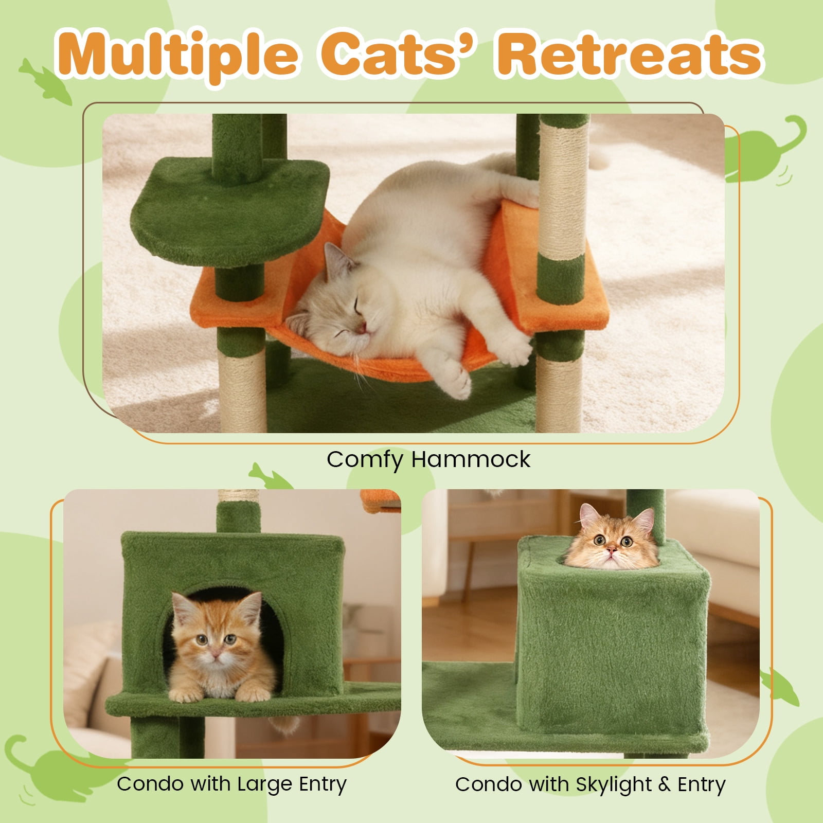 Costway 70” Cat Tree for Indoor Cats with Padded Top Perch, Dual Condos, Hammock, Platforms Green