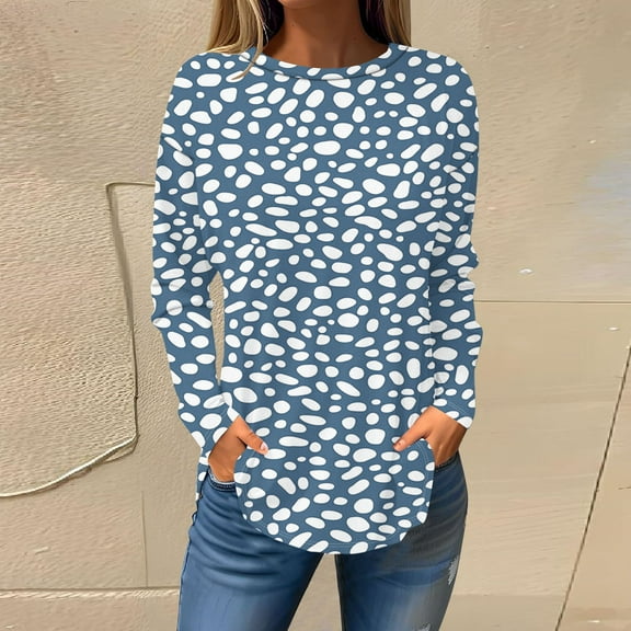 Blmnix Light Blue Womens Business Tops Outfits 2025 Polka Dot Relaxed Formal Tops for Women Crew Neck Long Sleeve Tees