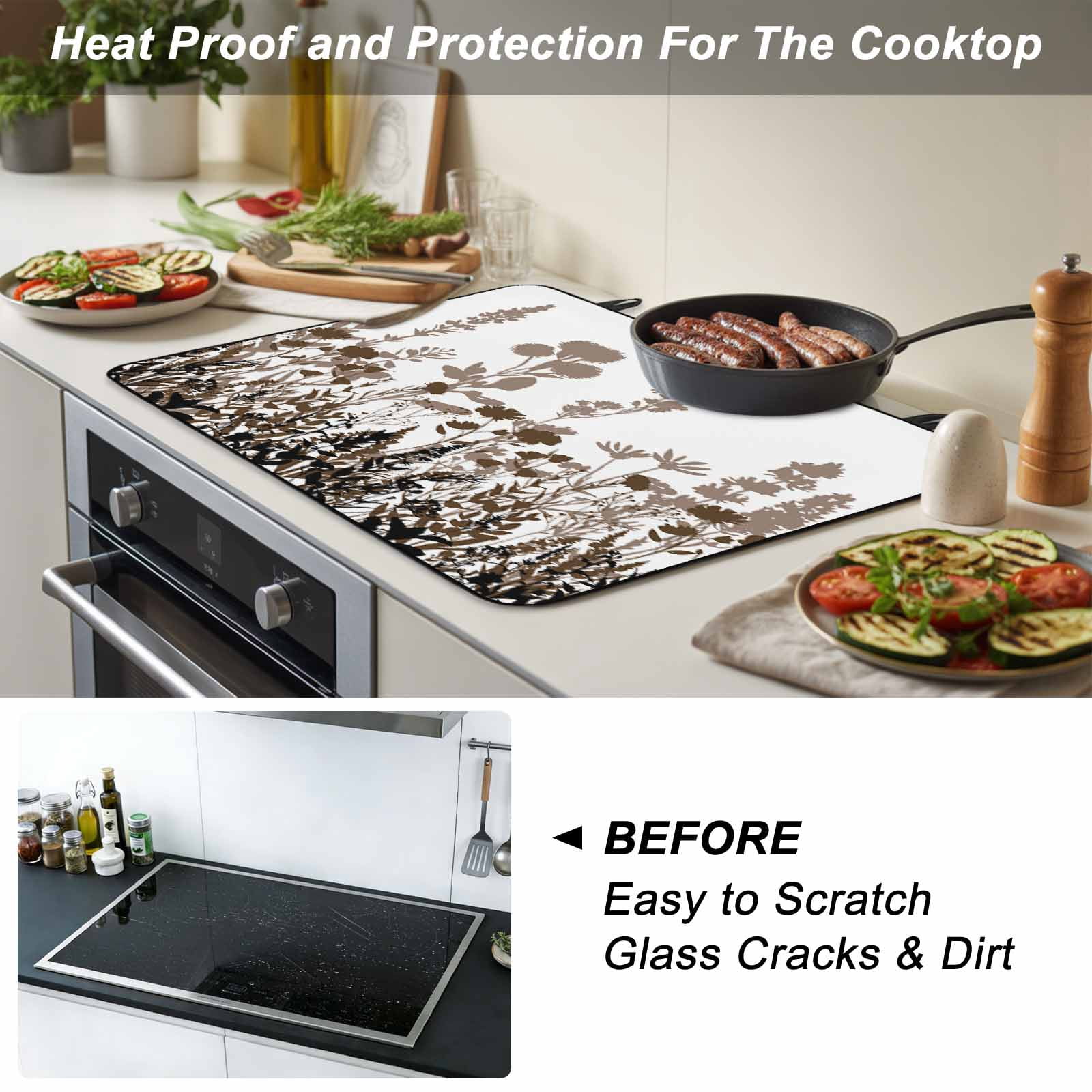 Brown Flowers Stove Top Cover for Electric Stove, Heat-proof & Non Slip Glass Top Stove Cover Protector, Vintage Country Spring Wild Floral Herbs Kitchen Flat Cooktop Rubber Mat 36x21 Inches