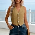 thumbnail image 6 of mdesiwst Linen Vest Top for Women Casual Slim Fit Sleeveless Button Down Waistcoat V Neck Crop Office Work Outfit, 6 of 8