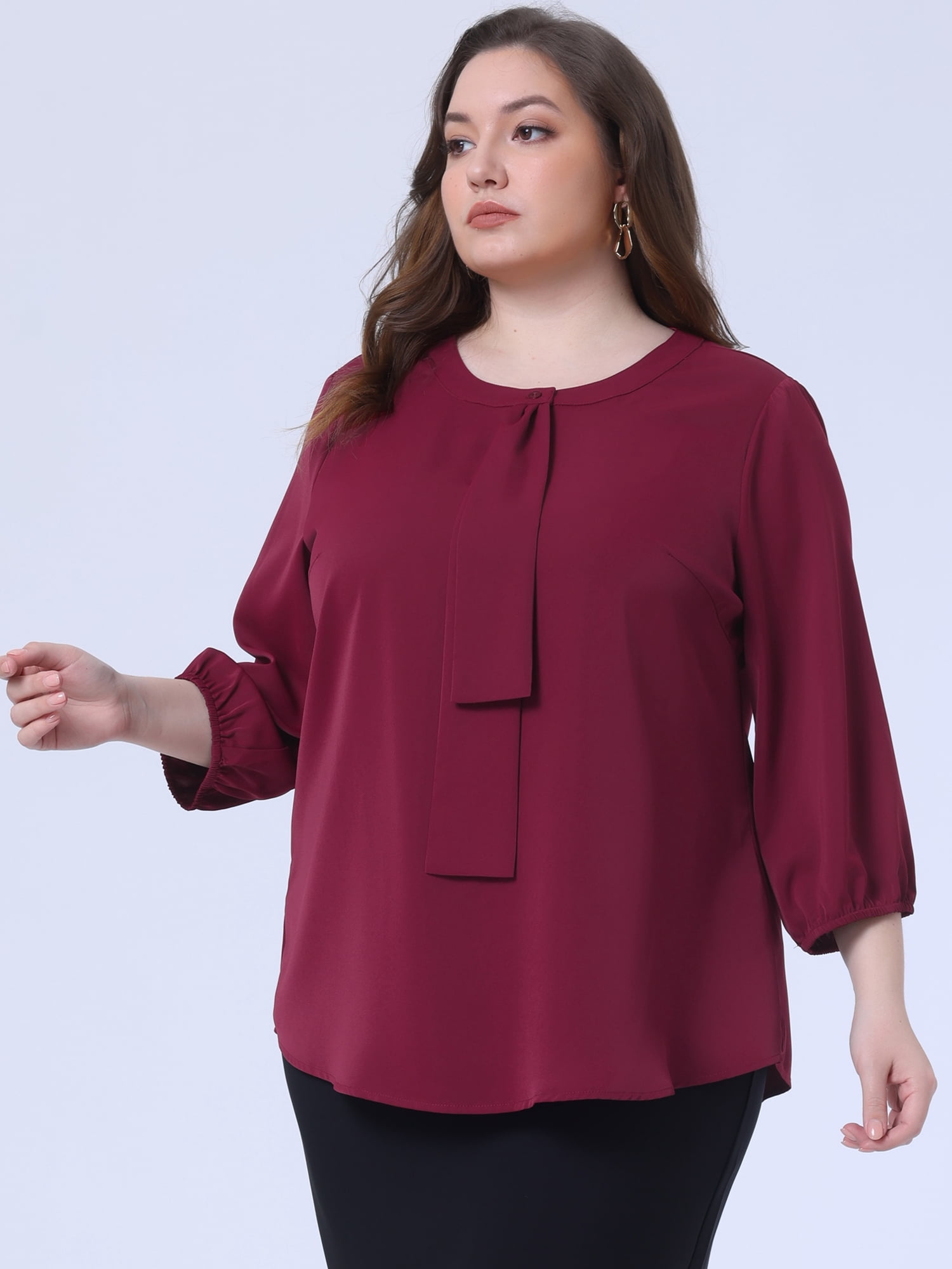 DARING DIVA Women's Plus Round Neck Work Ruffle Chiffon Top 3X Wine Red