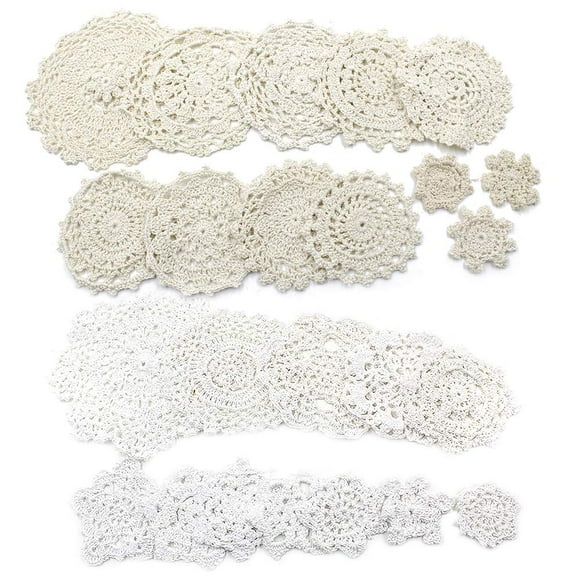 Jiozermi 24 Pcs Hand Crochet Lace Doilies, Handmade Vintage Round Lace Doilies Placemats Snowflake Mini Doilies for Table Decoration, Varied Sizes (12 White & 12 Beige)