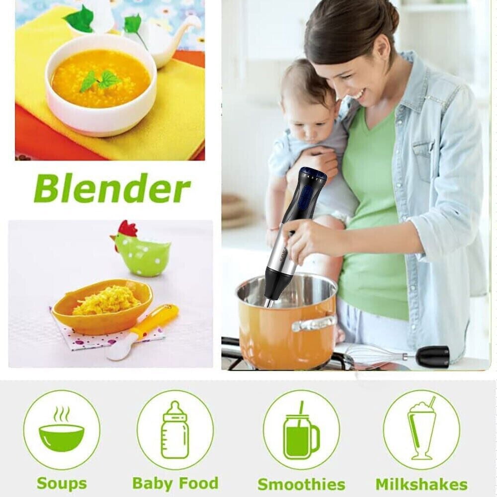 4 in1 handheld immersion blender, 5-speed powerful handheld blender stick with 304 stainless steel blades, chopper, beaker, whisk for smoothies, baby food, purees and soups.