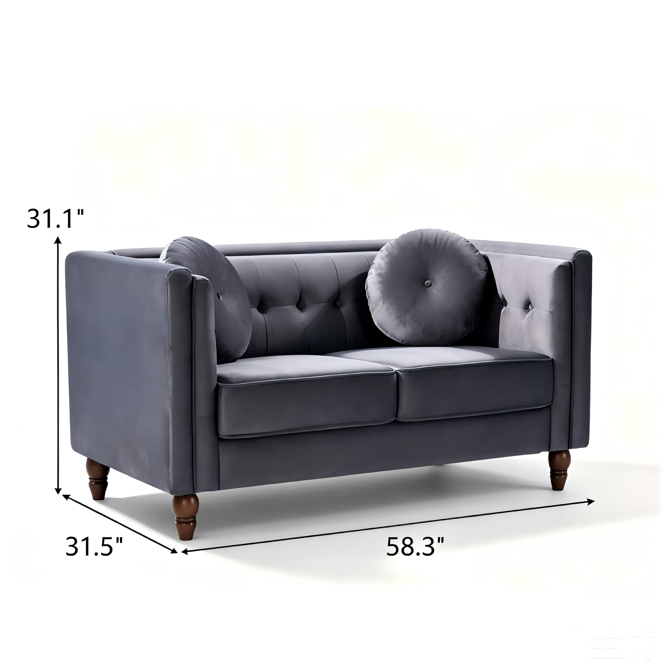 GDF Studio 58.3" Loveseat with Button-Tufted Crushed Velvet Upholstery & Tapered Wood Legs, Gray