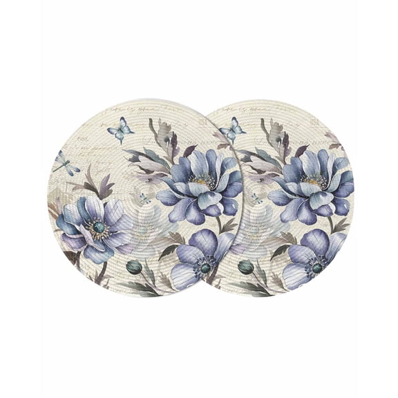 Round Woven Placemats set of 2, Vintage Butterfly Floral Washable&Heat Resistant Plastic Wipeable Placemats for Round Table Blue Beige Kitchen Dining Table Decor, 13in,