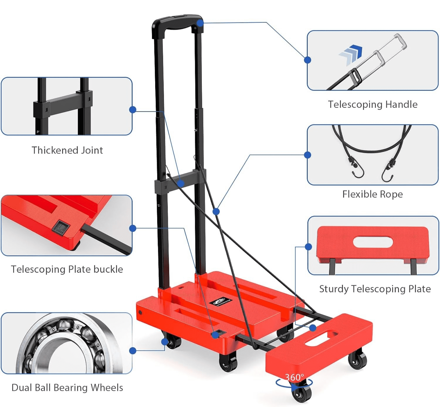 Foldable Dolly, Heavy Duty Dolly Cart, Folding Hand Truck with 6 Wheels & 2 Bungee Hooks, 500 LB Dolly Cart Capacity Portable Luggage Cart for Moving, Traveling and Shopping, Orange, 6 Wheels