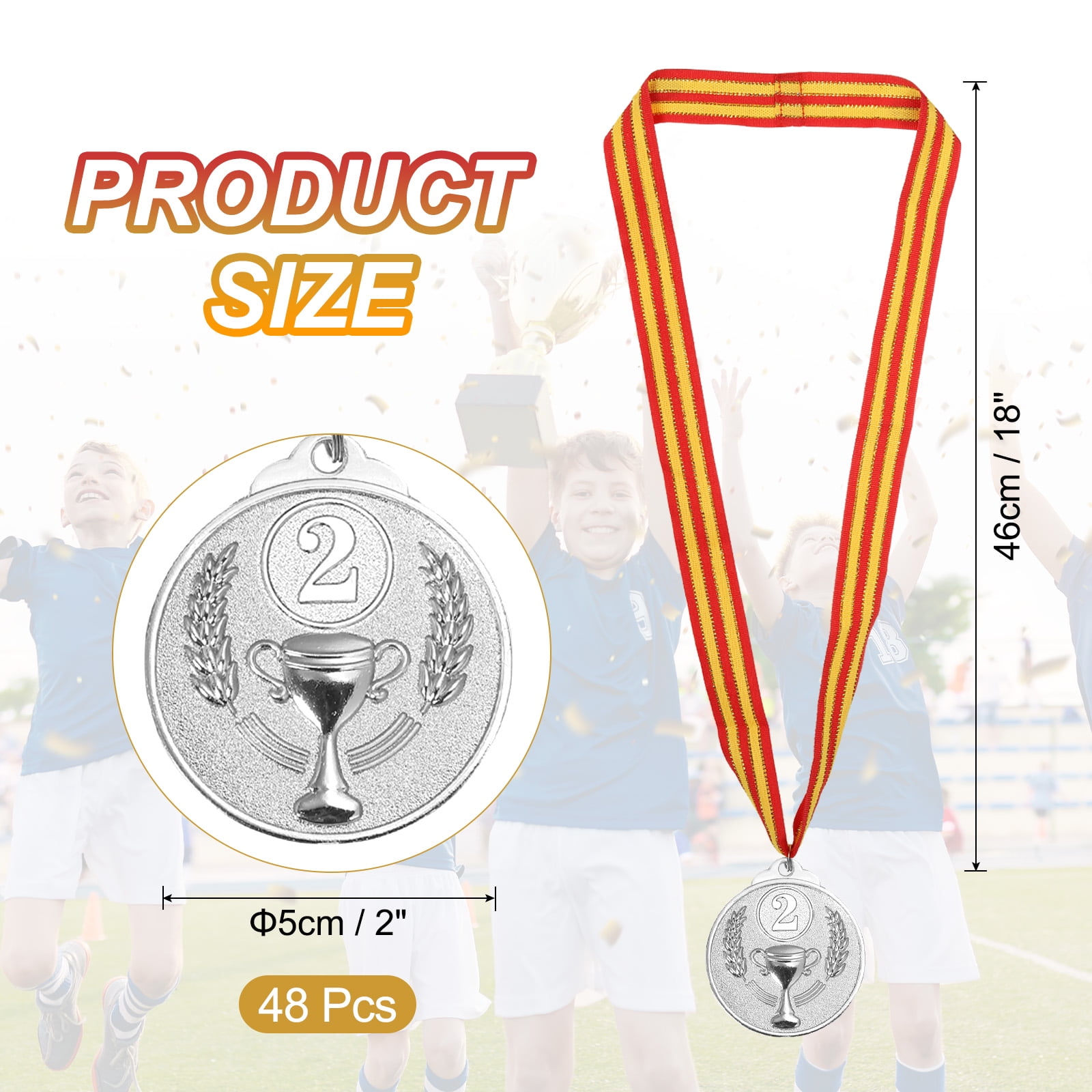 Uxcell 2 Inch Silver Prizes Award Medals Metal Winner Medals 2ed Place with Neck Ribbon for Sports Competitions Party Favors 48 Pieces
