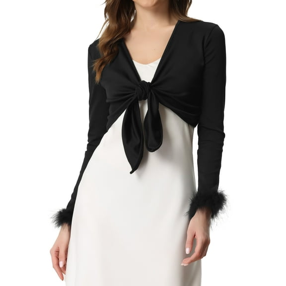 INSPIRE CHIC Women's Tie Front Open Navel Cardigan Feather Cuff Long Sleeve XS Black