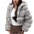 thumbnail image 3 of XPMWRP Winter Cropped Coats Womens Faux Fur Jacket Long Sleeve Hooded Jackets Zipper Fuzzy Short Coat Outerwear Gray L, 3 of 9
