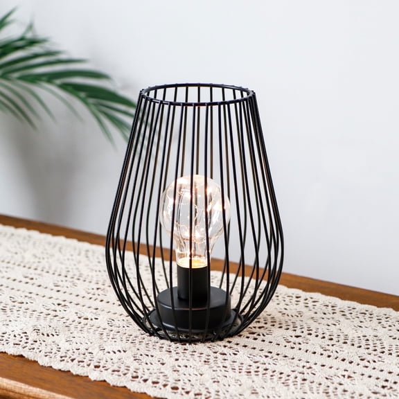 Medium Metal Cage Battery Powered Decorative Lamp with LED Fairy Light Bulb (Black)